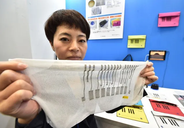 Japan's textile maker Gunze employee displays a textile surface touch sensor for a cloth piano at the Wearable Device Technology Expo in Tokyo on January 13, 2016. The device is flexible and made from a foldable knitted material with electric conductivity to play music anywhere. (Photo by Kazuhiro Nogi/AFP Photo)