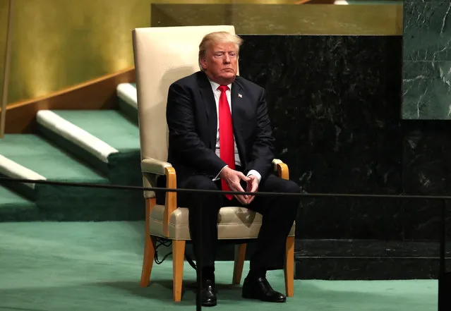 U.S. President Donald Trump sits in the chair reserved for heads of state before delivering his address during the 73rd session of the United Nations General Assembly at U.N. headquarters in New York on September 25, 2018. (Photo by Carlo Allegri/Reuters)