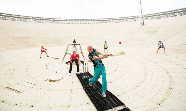 Chris Lynn of the Brisbane Heat hits out during the Cricket Blast Launch at the CSIRO Parkes Observatory on October 11, 2018 in Parkes, Australia. (Photo by Matt King/Getty Images)