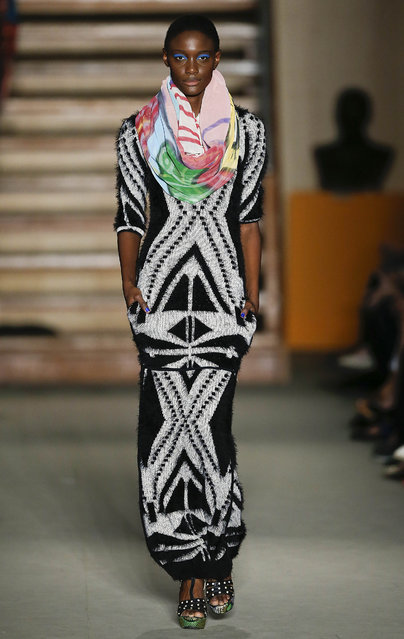 A model wears a creation from the summer collection of Mali's Xuly Bet, during a Sao Paulo Fashion Week event featuring African designers, at the Brazilian African Museum, in Sao Paulo, Brazil, Friday, April 17, 2015. (Photo by Andre Penner/AP Photo)