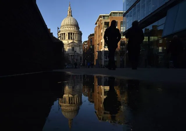 Pedestrians are reflected in a puddle as they walk towards St Paul's Cathedral in London, Britain January 7, 2016. (Photo by Toby Melville/Reuters)