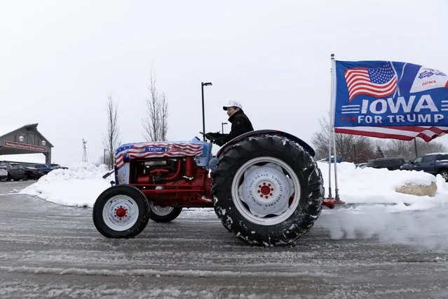 Gary Leffler, of West Des Moines, drives his tractor outside of the Machine Shed Restaurant during an event for Republican presidential candidate and former U.S. President Donald Trump in Urbandale, Iowa on January 11, 2024. (Photo by Alyssa Pointer/Reuters)