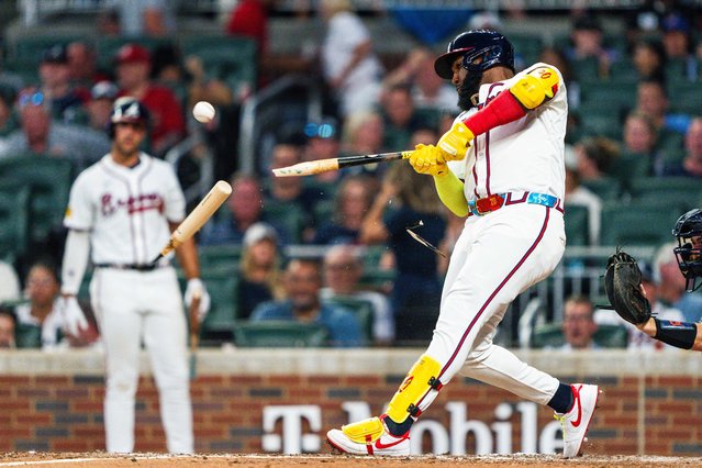 Marcell Ozuna #20 of the Atlanta Braves breaks his bat in the sixth inning against the Detroit Tigers at Truist Park on June 17, 2024 in Atlanta, Georgia. (Photo by Matthew Grimes Jr./Atlanta Braves/Getty Images)