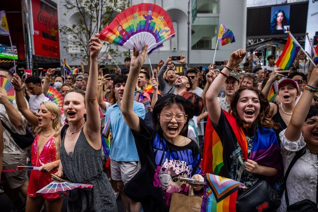 People cheer during the Bangkok Pride Parade in Bangkok, Thailand, on Saturday, June 1, 2024. Earlier this year, Thailand's House of Representatives voted to legalize same-sеx marriage, bringing the country a step closer to becoming the third territory in Asia to guarantee equal marital rights. (Photo by Lauren DeCicca/Getty Images)