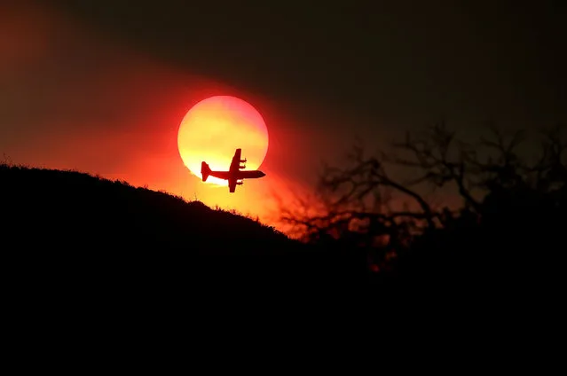 A firefighting air tanker flies in front of the setting sun while battling the Rocky Fire on August 1, 2015 near Clearlake, California. (Photo by Justin Sullivan/Getty Images)