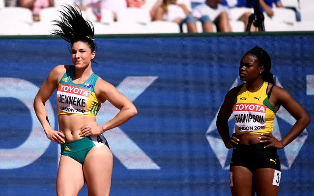 Australia' s Michelle Jenneke dances as she waits to compete in the women' s 100 m hurdles athletics event at the 2017 IAAF World Championships at the London Stadium in London on August 11, 2017. (Photo by Dylan Martinez/Reuters)