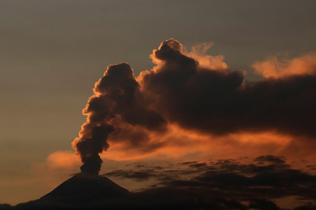 The Popocatepetl volcano spews a column of ash and smoke as seen from San Pedro Cholula, Puebla state, Mexico, on October 23, 2024. (Photo by Imelda Medina/Reuters)