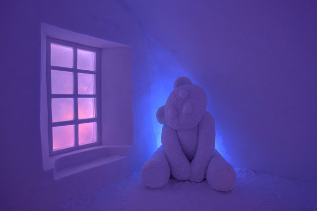 A view of the room called “DON´T GET UP” that was created by artists Wilfred Stijger and Edith Van De Wetering at Icehotel 34 on December 15, 2023 in Jukkasjarvi, Sweden. Since 1989, the Icehotel – part hotel, part art exhibition – has been crafted annually from ice taken from the Torne River. (Photo by Roy Rochlin/Getty Images)