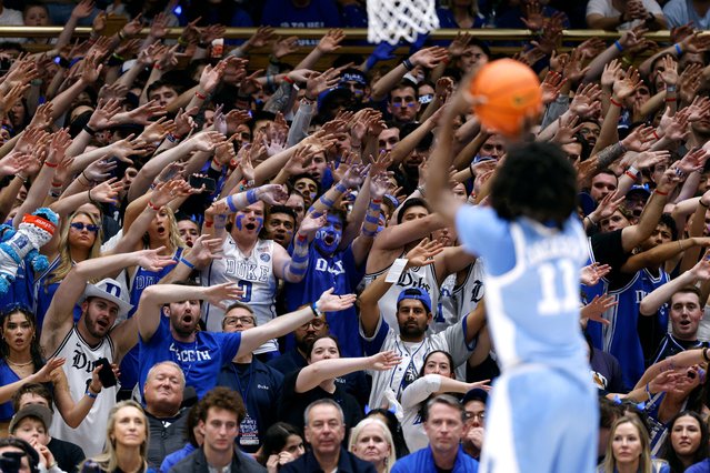Cameron Crazies and fans of the Duke Blue Devils try to distract Ian Jackson #11 of the North Carolina Tar Heels during the first half at Cameron Indoor Stadium on February 1, 2025 in Durham, North Carolina. (Photo by Lance King/Getty Images)