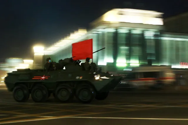 A BTR-82A armored personnel carrier moves in central Moscow on June 17, 2020 during a rehearsal of a military parade in Red Square marking the 75th anniversary of the victory over Nazi Germany in World War II. Victory Day parades across Russia have been postponed from May 9 to June 24 due to lockdown restrictions imposed amid the coronavirus pandemic. (Photo by Sergei Fadeichev/TASS)