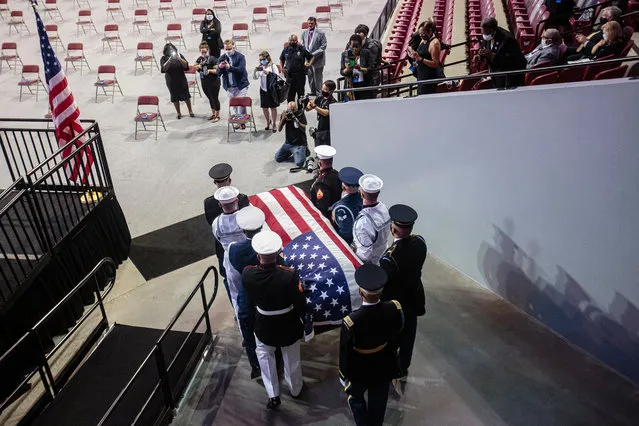 An honor guard carries out the casket containing civil rights leader and Democratic Representative from Georgia John Lewis, in his hometown of Troy, Alabama, USA, 25 July 2020. Lewis died at age 80 on 25 July 2020 after being diagnosed with pancreatic cancer in December 2019. John Lewis was the youngest leader in the March on Washington in 1963. (Photo by Dan Anderson/EPA/EFE)