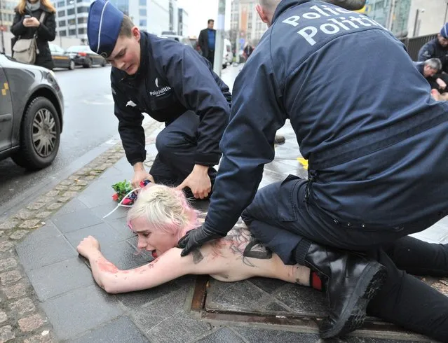 An activist of Ukraine's feminist movement Femen is taken away by the police as she demonstrates by the EU Council building where the EU-Russia summit is taking on December 21, 2012 in Brussels