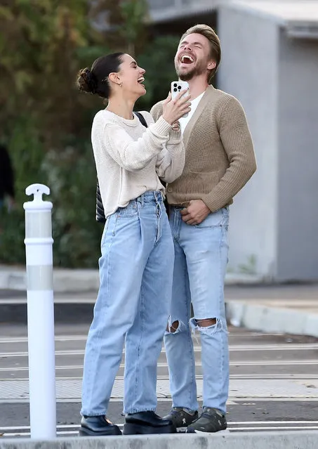 American professional Latin and ballroom dancer and choreographer Derek Hough and his fiancée Haley Erbert have the look of love as they smile and laugh with each other while shopping at Fred Segal in Los Angeles on Saturday, January 7, 2023. (Photo by GP/The Mega Agency)