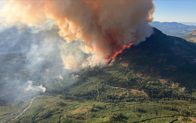 This image released by the British Colombia Wildfire Service (BCWS) shows an aerial view of Mount Underwood near Port Alberni, on Vancouver Island, British Columbia, Canada on August 11, 2025. The BC Wildfire Service reports the blaze has expanded to roughly 8.6 square kilometres (3.3 square miles), prompting an evacuation order from campsites. (Photo by BC Wildfire Service/AFP Photo)