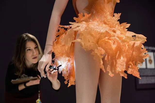 A museum worker inspects a dress from the Hybrid Holism collection by designer Iris van Herpen at the High Museum's new exhibit, "Iris van Herpen: Transforming Fashion", Thursday, November 5, 2015, in Atlanta. (Photo by Branden Camp/AP Photo)