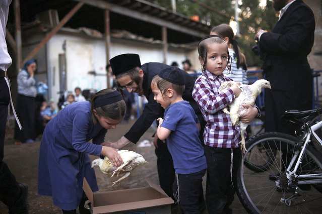 A child looks on as Ultra-Orthodox Jewish people perform the Kaparot ritual, where white chickens are slaughtered as a symbolic gesture of atonement, ahead of Yom Kippur, the Jewish Day of Atonement, in Bnei Brak, Israel, on September 30, 2025. (Photo by Shir Torem/Reuters)