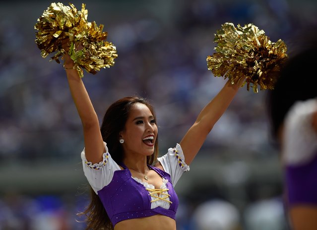 A cheerleader for the Minnesota Vikings performs during a break in the action of the game between the Minnesota Vikings and the San Diego Chargers on August 28, 2016 at US Bank Stadium in Minneapolis, Minnesota. The Vikings defeated the Chargers 23-10. (Photo by Hannah Foslien/Getty Images)