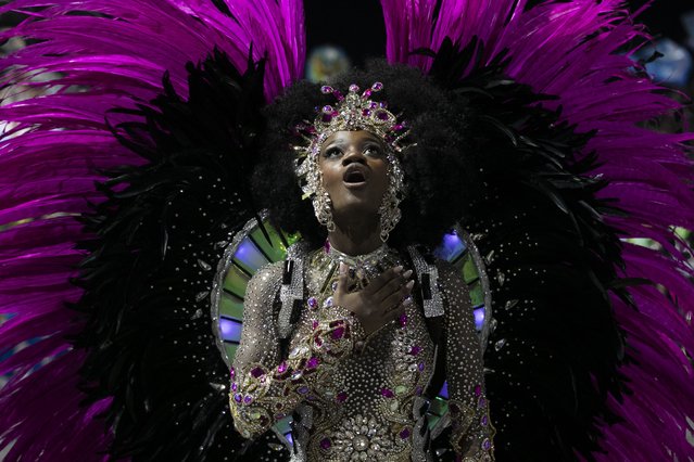 Drum queen Lorena Raissa from Beija-Flor samba school performs during Carnival celebrations at the Sambadrome in Rio de Janeiro, early Tuesday, March 4, 2025. (Photo by Bruna Prado/AP Photo)