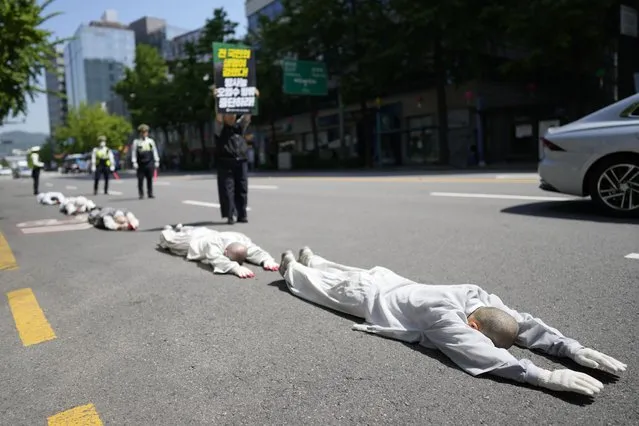 South Korean Buddhist monks, Buddhists and members of civic groups bow which they prostrate themselves, on the road in a march as they move toward to Japanese Embassy during a rally demanding the stop of Japanese government's decision to release treated radioactive water from the Fukushima, in Seoul, South Korea, Monday, May 8, 2023. (Photo by Lee Jin-man/AP Photo)
