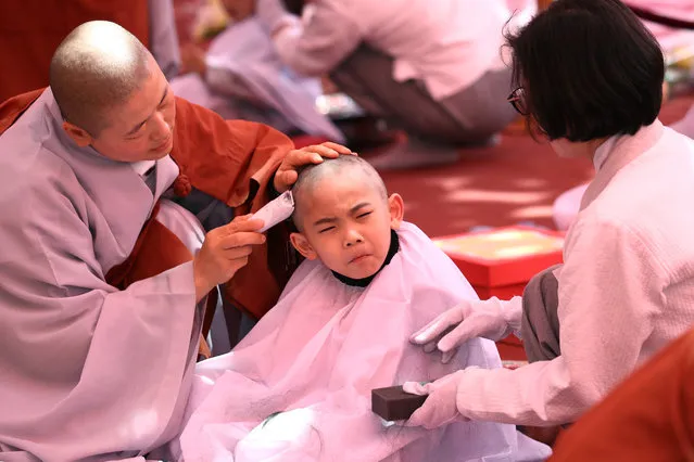 A child gets his head shaved by a Buddhist monk during a ceremony to prepare children to live as Buddhist monks for three weeks at Jogyesa Temple on May 09, 2023 in Seoul, South Korea. As part of the celebration of Buddha's birthday, young children are annually invited to become Buddhist monks for a three-week period. (Photo by Chung Sung-Jun/Getty Images)