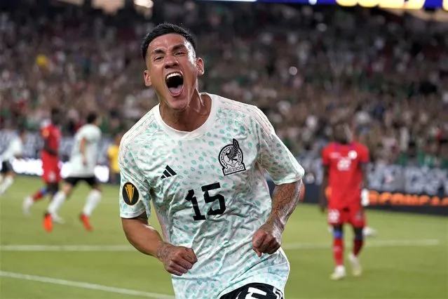 Mexico's Uriel Antuna celebrates the team's second goal against Haiti, during the second half of a CONCACAF Gold Cup soccer match Thursday, June 29, 2023, in Glendale, Ariz. Mexico won 3-1. (Photo by Darryl Webb/AP Photo)