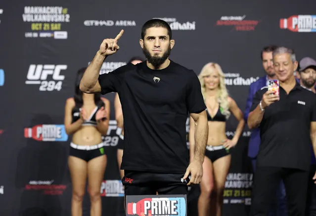 UFC Lightweight champion Islam Makhachev at the ceremonial weigh in before his title fight against Alexander Volkanovski at UFC 294 in Abu Dhabi. Etihad Arena, Abu Dhabi on October 20, 2023. (Photo by Chris Whiteoak/The National)