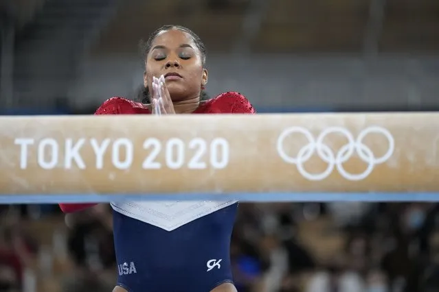 Jordan Chiles, of the United States, prepares to perform on the balance beam during the artistic gymnastics women's final at the 2020 Summer Olympics, Tuesday, July 27, 2021, in Tokyo. (Photo by Ashley Landis/AP Photo)
