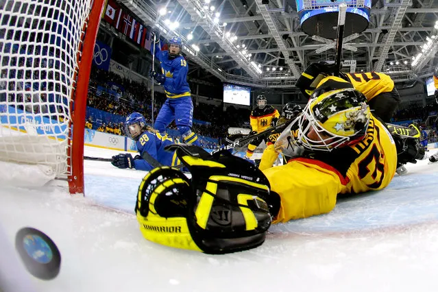 Michelle Lowenhielm #28 of Sweden scores their third goal against Jennifer Harss #30 of Germany in the third period during the Women's Ice Hockey Preliminary Round Group B game on day four of the Sochi 2014 Winter Olympics at Shayba Arena on February 11, 2014 in Sochi, Russia. (Photo by Mark Blinch/Getty Images)