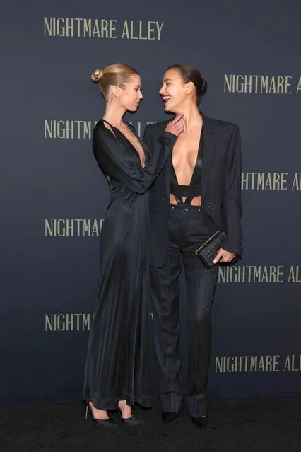 Belgian-born Northern Irish-New Zealand model Stella Maxwell, left, and Russian model Irina Shayk attend the premiere of “Nightmare Alley” at Alice Tully Hall on Wednesday, December 1, 2021, in New York. (Photo by Dia Dipasupil/WireImage)