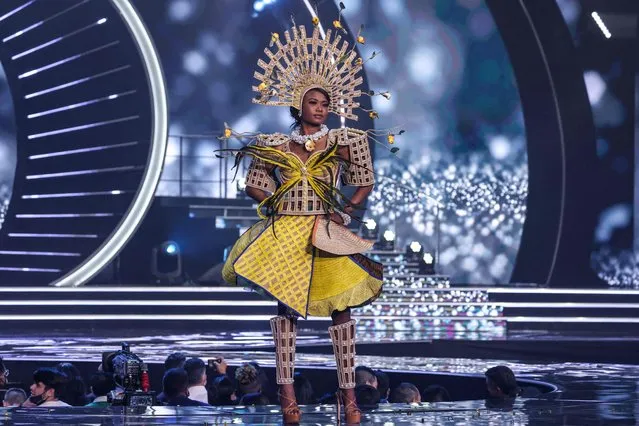 Miss Mauritius, Anne Murielle Ravina, appears on stage during the national costume presentation of the 70th Miss Universe beauty pageant in Israel's southern Red Sea coastal city of Eilat on December 10, 2021. (Photo by Menahem Kahana/AFP Photo)