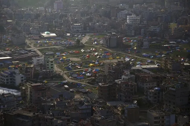 Makeshift shelters are seen through a helicopter after the earthquake in Kathmandu May 14, 2015. (Photo by Navesh Chitrakar/Reuters)