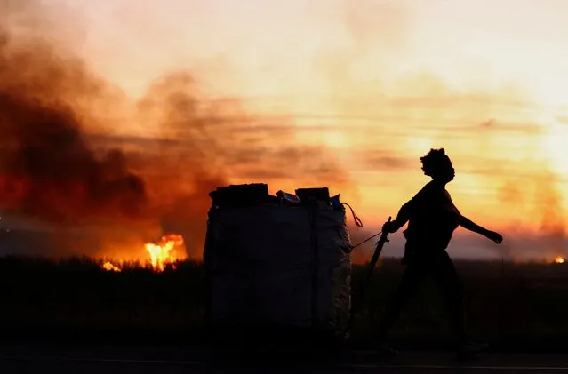 A woman pulls a trolley with recyclable material past veld fires occurring as winter approaches, in Lenasia in the south of Johannesburg, South Africa on April 22, 2024. (Photo by Siphiwe Sibeko/Reuters)