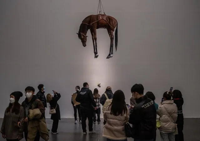 Visitors gather near the work “Novecento” by Italian artist Maurizio Cattelan that is part of his exhibition “The Last Judgement” at the UCCA Center for Contemporary Art on November 28, 2021 in Beijing, China. The show, which displays work from three decades of “Cattelan” artists career, is his first solo exhibition in mainland China. Widely regarded for his hyperrealist sculptures and installations, one of his most famous works is a banana duct taped to a wall known as “Comedian”. (Photo by Kevin Frayer/Getty Images)