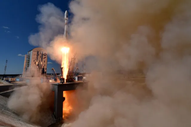 A Russian Soyuz 2.1a rocket carrying Lomonosov, Aist-2D and SamSat-218 satellites lifts off from the launch pad at the new Vostochny Cosmodrome outside the city of Uglegorsk, about 200 kilometers (125 miles) from the city of Blagoveshchensk in the far eastern Amur region Thursday, April 28, 2016. (Photo by Kirill Kudryavtsev/Pool Photo via AP Photo)