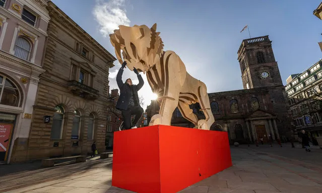 Nelson Beaumont-Laurencia applies the finishing touches to a sculpture in St Ann’s Square, Manchester, England on January 30, 2022, paying homage to the tiger to celebrate the lunar new year. (Photo by Fabio De Paola/PA Wire Press Association)