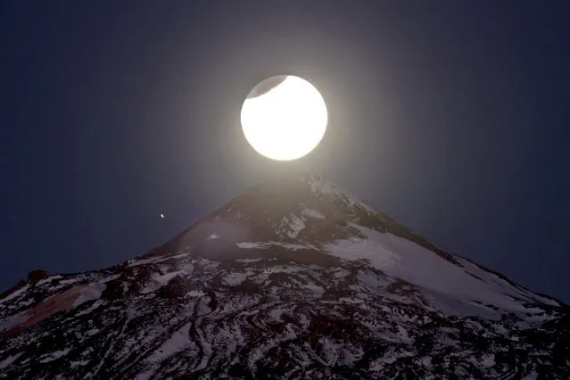 A handout image provided by the Canary Islands' Astrophysical Research Institute (IAC, as in Spanish) on 15 April 2014 shows the first of four full lunar eclipses which will take place at six months intervals, in Tenerife, Canary Islands, Spain, 15 April 2014. (Photo by Daniel Lopez/EPA/IAC)