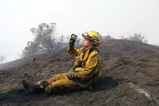 A firefighter takes a break after fighting a wildfire behind the Getty Center in Mandeville Canyon in Los Angeles, California, U.S., May 28, 2017. (Photo by Lucy Nicholson/Reuters)