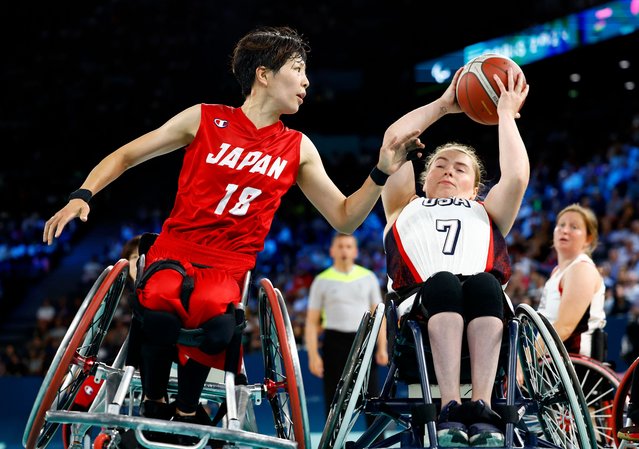 Josie Aslakson of the USA with Chihiro Kitada of Japan during their women’s wheelchair basketball preliminary round group game on September 2, 2024. (Photo by Carlos García Rawlins/Reuters)