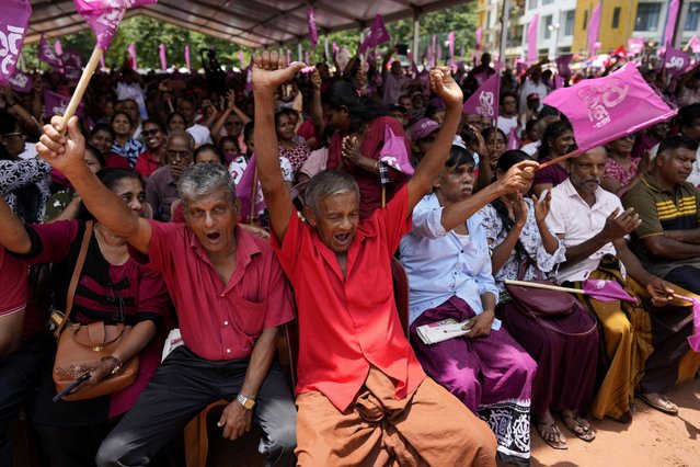 Supporters of National People's Power cheer their leader and presidential candidate Anura Kumara Dissanayake during a public rally in Dehiowita, Sri Lanka, Tuesday, September 17, 2024. (Photo by Eranga Jayawardena/AP Photo)