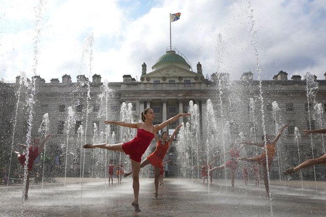 Dancers from Shobana Jeyasingh Dance rehearse Counterpoint in the fountains at Somerset House ahead of this weekend's performances as part of Westminster City Council's Inside Out Festival, in London, Thursday, August 17, 2023. (Photo by Kirsty Wigglesworth/AP Photo)