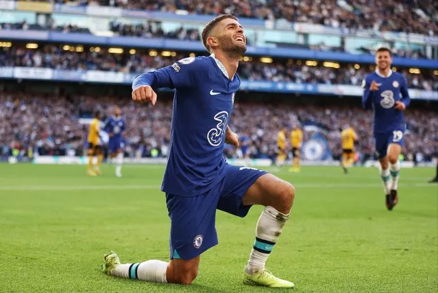 Christian Pulisic of Chelsea celebrates after scoring their team's second goal during the Premier League match between Chelsea FC and Wolverhampton Wanderers at Stamford Bridge on October 08, 2022 in London, England. (Photo by Chris Lee – Chelsea FC/Chelsea FC via Getty Images)