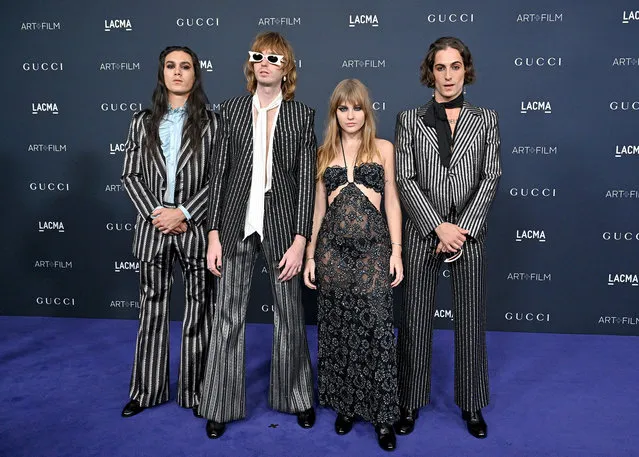 (L-R) Ethan Torchio, Thomas Raggi, Victoria De Angelis, and Damiano David of band Måneskin attend the 11th Annual LACMA Art + Film Gala at Los Angeles County Museum of Art on November 05, 2022 in Los Angeles, California. (Photo by Axelle/Bauer-Griffin/FilmMagic)