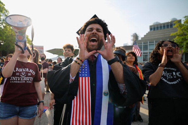 A person wears a stole with the flags of U.S. and El Salvador as members of the Harvard community take part in a “Harvard Stand United” rally to “support and celebrate” the school's international students at Harvard University in Cambridge, Massachusetts on May 27, 2025. (Photo by Brian Snyder/Reuters)