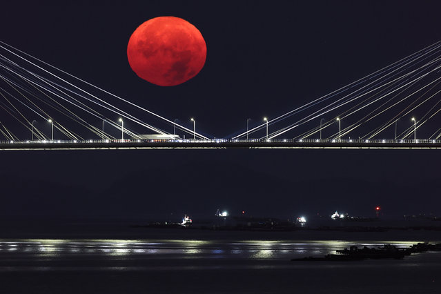 The first Supermoon of the year, which is called the Sturgeon Moon or Harvest Moon, shines behind the Rande bridge in Vigo, Spain, 19 August 2024. (Photo by SXENICK/EPA/EFE)