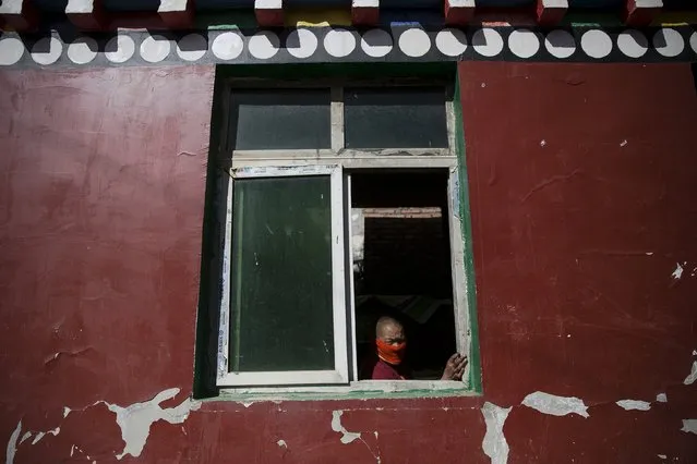 A Tibetan Buddhist monk looks from inside a Buddhist laymen lodge where thousands of people gather for daily chanting session during the Utmost Bliss Dharma Assembly, the last of the four Dharma assemblies at Larung Wuming Buddhist Institute in remote Sertar county, Garze Tibetan Autonomous Prefecture, Sichuan province, China as the sun comes out October 30, 2015. (Photo by Damir Sagolj/Reuters)