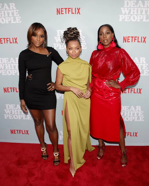 (L-R) Antoinette Robertson, Logan Browning and Ashley Blaine Featherson attend the screening of Netflix's “Dear White People” season 2 at ArcLight Cinemas on May 2, 2018 in Hollywood, California. (Photo by Tibrina Hobson/Getty Images)