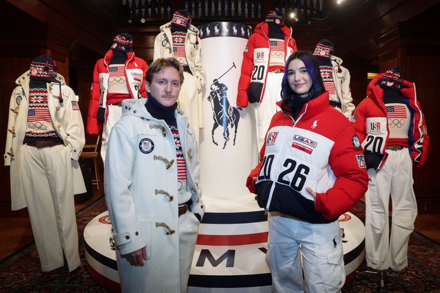 Team USA Paralympic snowboard athlete Brenna Huckaby and Team USA Olympic snowboard athlete Red Gerard pose in the Ralph Lauren designed official Team USA's Opening and Closing Ceremony uniform for the Milano-Cortina 2026 Winter Olympic Games, at an event unveiling the collection, in New York City, U.S., December 3, 2025. (Photo by Mike Segar/Reuters)