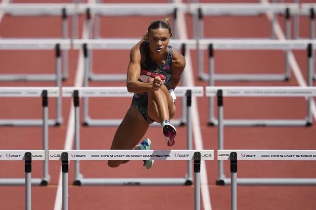 Anna Hall competes for Adidas in the women's 100 meter heptathlon hurdles at the 2023 USATF Outdoor Championships in Eugene, Ore., Thursday, July 6, 2023. (Photo by Ashley Landis/AP Photo)