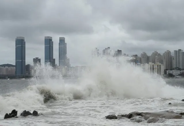 High waves crash a shore as the tropical storm Khanun approaches to the Korean Peninsular, in Busan, Thursday, August 10, 2023. The strong tropical storm blew ashore in South Korea on Thursday morning, dumping heavy rain and pummeling its southern regions after thousands of people were evacuated. (Photo by Ahn Young-joon/AP Photo)