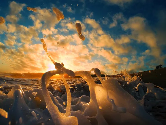Foam dances in front of sunset, picture taken on December 31, 2015 in Durban, South Africa. Surfer and photographer Marck Botha took the following series of breathtaking seascapes of waves rising and crashing in South Africa to show the formations from above and below the surface.  (Photo by Marck Botha/Barcroft Media)